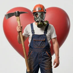 a man in overalls and a gas mask with a helmet, holding a pickaxe in one hand and lowered the other, standing against the background of a heart, superrealism, high-quality details, realistic materials, attention to detail, elaborated depth of field, high-quality composition