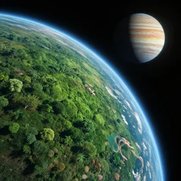 photo of a lush planet and a gas giant in space