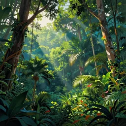 surreal gediminas pranckevicius, malaysia jungle, summer morning, very coherent and colorful high contrast art by james gilleard james gurney floralpunk screen printing woodblock, jenga tower, dark shadows, pastel color, hard lighting, stippled light, art nouveau, film noir