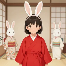james jean and tamura yoshiyasu and callarin and kunatata, a beautiful illustration, cute girl in red dress, kimono, perfect features, rabbit ears, room with flowers + plants + waves + oriental pattern elements, illustration, rich colors, sharp edges, noise reduction, fine work, 8 k, hd, unreal engine