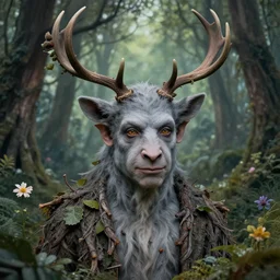 portrait of benjamin netanyahu as a magical forest critter, grey skin, antlers, branches, leaves, flowers, by brian froud
