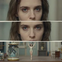 beautiful three point perspective film still of holly herndon in merce cunningham, extreme closeup portrait in style of frontiers in blade runner miniature photography fashion architectural art studio seinen manga edition, real - life porcelain statue in victorian jar, eye contact, anatomically correct, pointe pose, tilt shift background, soft lighting, panavision, 8 k, macro, cinematic style by h. r giger