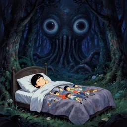 my bed is a forest with a giant cthulhuin night and giant eyes dark color by, yoji shinkawa, yoshitaka amano, tsutomu niehi, moebius, donato giancola, trending on artstation, featured on pixiv, cinematic composition