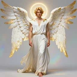 fullbody portrait of a beautiful young fit male angel with curly blond hairs, dressed in long fluent clothes, majestic symmetrical big eagle wings, luminous halo, by greg rutkowski and alphonse mucha, gradient white to gold, in front of an iridescent background, highly detailed portrait, digital painting, artstation, concept art, smooth, sharp focus illustration