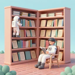 bookshelf, astronauts, brick streets, ancient manuscripts, a reader in a chair, nordic pastel colors, 3 d art, digital illustration, perfect lighting