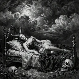 By Tom Bagshaw, ultra realist soft painting of curiosities carnival by night, very beautiful horn single female gothic wearing corset sleeping on a overlord of the dead bed, partial symmetry features, very intricate details, omnious sky, black and white, volumetric light clouds