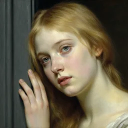 lady in thought by auguste toulmouche and bouguereau, perfect detailed eyes, pale skin, blonde hair, leaning on door