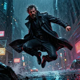 Grizzled Trenchcoat detective leaping into the rain. Dynamic, delirious, creative panel style by Bill Sienkiewicz. Heavy chromatic abberation. Visual distortion. Sci-Fi cyberpunk Comic page made up of art by the best artists Trending on Artstation.  Octane render, Raytracing, 3d masterpiece, fantastic lighting by James Gurney. Noir detective genre.