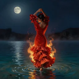 detailed oil painting of spanish flamenco dancer wearing a red dress engulfed in flames, walking waist deep in clear water, midnight, moon, dimly lit, looking away, dark shadows, ethereal, foggy, moody, photo realistic, high definition, 4 k, slr