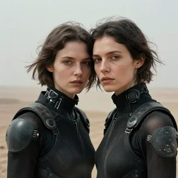 cinestill 5 0 d photographic portrait by helen levitt of two loving female androids wearing rugged black mesh techwear on a desolate plain, extreme closeup, modern cyberpunk, dust storm, 8 k, hd, high resolution, 3 5 mm, f / 3 2, ultra realistic faces, ex machina