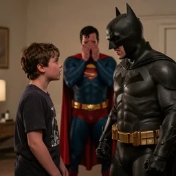 a 4k movie still with Homelander (from The Boyz) killing Batman while far in the background Superman is crying