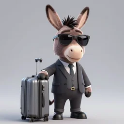 3D donkey character wearing a suit and cool sunglasses next to a travel suitcase, gray background, amazing detail, artstation, 8k resolution