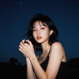 gorgeous young woman with micron pen ink tattoos stares at the camera, night sky, stars, bruce gilden, leica s, fuji 8 0 0, grainy, low light