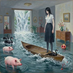 painting of flood waters inside an apartment, tall female emo art student, a river flooding indoors, tangelos, zen, pigs, ikebana, water, river, rapids, waterfall, black swans, canoe, pomegranate, berries dripping, acrylic on canvas, surrealist, by magritte and monet