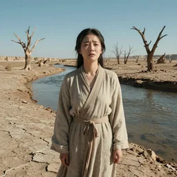medium shot of a crying ancient dried up Danu, peaceful, facing the camera and standing in front of a dried up river in a desolate land, dead trees, blue sky, hot and sunny, highly-detailed, elegant, dramatic lighting, artstation, 4k, cinematic landscape, photograph by Elisabeth Gadd