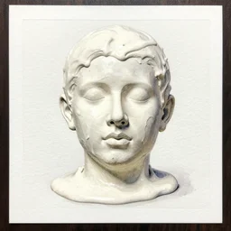 a liquid white clay portrait of a face melt down flow go runny, realistic detailed watercolor polaroid