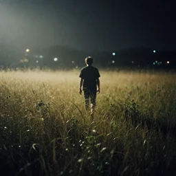 lomo photograph of a man walking through tall grass on an open field, bokeh, out of focus, dramatic lighting, night, dark, detailed, grainy, fog