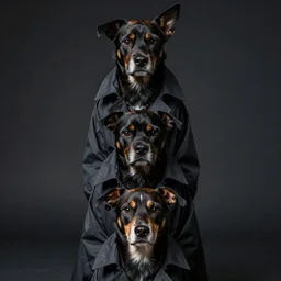 3 dogs stacked on top of each other wearing a trench coat, serious, dark, cute, noir
