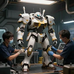 A hunchback IIC medium mech Mech being worked on by technicians in a mech bay, Battletech, by Greg Rutkowski, sharp lighting, 4k, detailed
