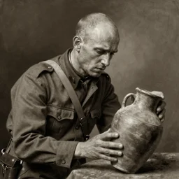 a detailed photorealistic sepia - toned color portrait painting of a 1 9 1 7 worried clean - shaven british lieutenant in field gear in north arabia examining an ancient cylindrical clay jar, ultra realistic, intricate details, atmospheric, dark, horror, brooding, highly detailed, by clyde caldwell