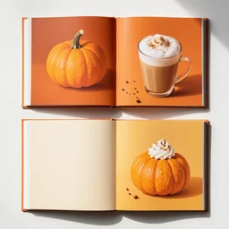 flatlay book collection, vivid colors, dramatic lighting, pumpkin spice latte