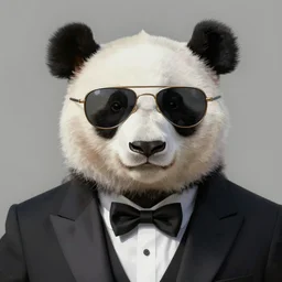 a portrait of a panda bear wearing sunglasses and a tuxedo, digital painting by yog joshi