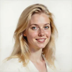 portrait painting of woman from scandinavia, 2 0, years old, blonde hair, daz, occlusion, smiling and looking directly, brushstrokes, white background, art
