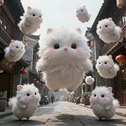 an intricate concept art of an asian street with flying fluffy creatures, ultra realistic, hyper detail, style by feng zhu and artgerm, trending on artstation, cgsociety, 8 k, octane render, high contrast, 3 d render, cgi, cinematic lighting