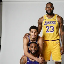 three short men stacked on top of each other standing next to lebron james