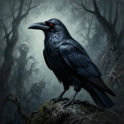 michal karcz grunge painting of the eerie view of a raven, monster and horror theme. monster theme, detailed, elegant, intricate, 4 k,