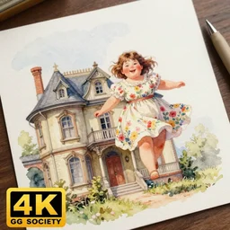 a beautiful watercolor painting on glossy paper, of a sweet, fat girl, flowery dress, flying over an old fancy house. old photography style. beautiful lighting, 4 k post - processing, trending at art station, cg society, deep focus, 5 k ultra - detailed.