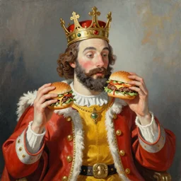 a king wearing a crown while holding a burger, painting
