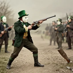 leprechaun fighting with the ira, historical photograph, restored, gun, irish, terrorism, colorised, colourised, mask
