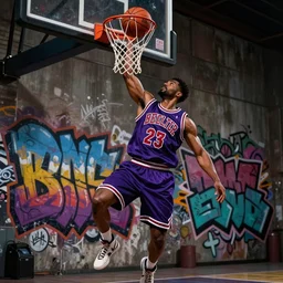 man dunking basketball with graffiti background, digital illustration, hyperrealistic, 2 0 0 0 s hip - hop, award winning, trending on artstation, rendered in octane, rendered in unreal engine 5, beautiful colors, dark, gritty, urban