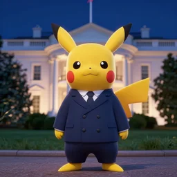 nighttime shot of president mew from pokemon wearing double breasted suit standing in front of white house looking at camera high resolution pixar