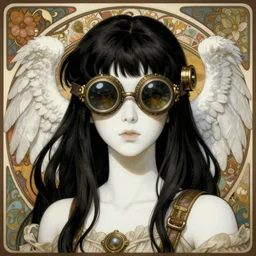 steampunk girl, black hair, white skin, goggles on her eyes, white wings behind her head, portrait, detailed illustration, hd, 4k, digital art, overdetailed art, Ghibli, by greg rutkowski, by Alfons Mucha, complementing colors, Trending on artstation, deviantart