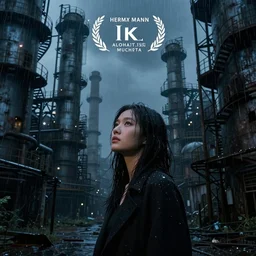 an asian woman in abandoned industrial city with towering factories, fire escapes, scaffolding, smokestacks at night in the rain, beautiful face, dark moody lighting, innocent look, post - apocalyptic, desolate, by jeremy mann and alphonse mucha, dramatic lighting, ethereal, stunning, breathtaking, awe - inspiring award - winning, 8 k