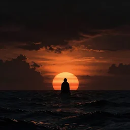 the sea of sadness, a black void, a line of orange sunset, crushing despair, 8 k digital concept art