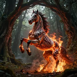 cinematic digital art of a rearing nightmare horse on fire, undead with exposed ribs, in a natural forest archway, dramatic back lighting, octane render
