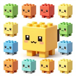 small creatures made of a single brick, four legged, quadrupedal, cute looking, kawaii, sharp focus, character sheet, game concept art, blocky, lego mixels, japanese, flat toon style like katamari damacy inspired, pokemon inspired, blocky like minecraft, 8 k, highly detailed