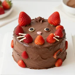 chocolate cake with strawberries arranged as cat