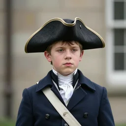 A young sailor, wearing a formal mess jacket and tricorn hat
