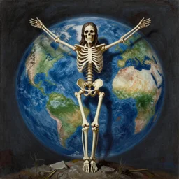 a detailed painting of Jesus Christ skeleton standing with a background of apocalypse on earth