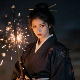 portrait of beatiful female samurai in front of sparks in the style of Raymond Swanland, cinematic, artstation