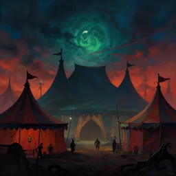 beautiful matte painting silhouette of dark colorfull evil circus tents and carnival, dramatic sky, Moebius, frank frazetta, james gurney, thomas kinkade, rodney mathews, beeple, trending on artstation