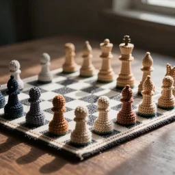 knitted chess set, on table, hyper - realistic, close - up