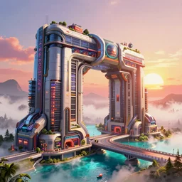 highly detailed futuristic architecture by Rem Koolhaas, sky bridge, turquoise water, ground-level view, foggy atmosphere, stunning sunny lighting, sunrise, vivid colors, in the style of pixar animation, trending on Artstation, 8k, matte painting, ray tracing, hyper detailed, unreal engine 5, cinematic, epic lighting, cryengine, octane render, cyberpunk, red and orange glow, vibrant