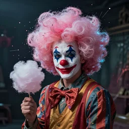 a dramatic photo of a clown with cotton candy hair. paint splashes. moody and melancholy.