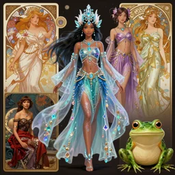 Character concept fashion spot illustrations of Disney's Raya and the Last Dragon and Frog Prince crossover, colorful, full-body, bloom, dynamic poses, diaphanous cloth, intricate crystalline and feather jewelry, ornate, filigree, arcane, cinematic lighting, by Artgerm, by Alphonse Mucha, by Bouguereau, by Sakimichan, fantasy, portfolio illustration, highly detailed, trending on Artstation, CGsociety, HQ, 8k, 35mm lens, f2.8, Bokeh,