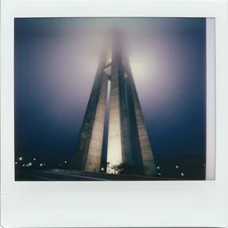 wide and tall massive concrete tower reaching into the fog, expired film, old polaroid, night, megalophobia, next to a road,